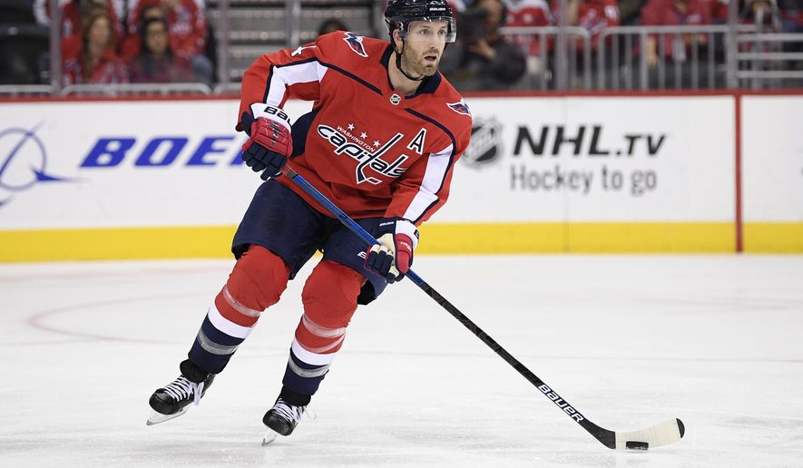 FILE - In this Oct. 19, 2018, file photo, Washington Capitals defenseman Brooks Orpik skates with the puck during the third period of an NHL hockey game against the Florida Panthers, in Washington. Orpik underwent arthroscopic surgery on his right knee and is expected to miss four to six weeks. The team announced the surgery and time frame Tuesday, Nov. 20, 2018. (AP Photo/Nick Wass, File)