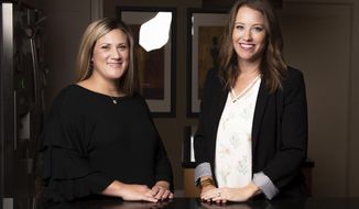 This photo taken Nov. 9, 2018, shows Katie Rakowitz, left, and Tiffany Murgo founders of  San Antonio-based Time Out Sitters to help other moms find child care. The startup is expanding to Austin, and Waco. (Carlos Javier Sanchez/The San Antonio Express-News via AP)