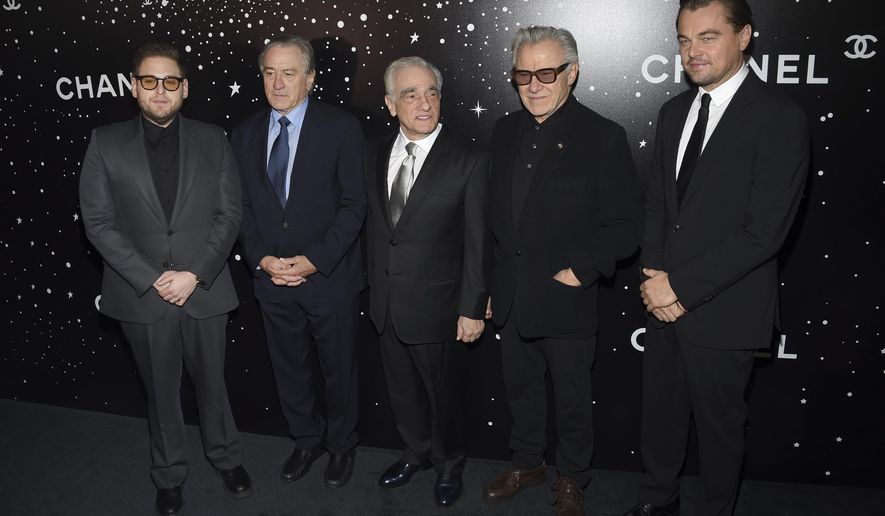 Honoree Martin Scorsese, center, poses with actors Jonah Hill, left, Robert De Niro, Harvey Keitel and Leonardo DiCaprio at the Museum of Modern Art Film Benefit tribute to Martin Scorsese, presented by Chanel, on Monday, Nov. 19, 2018, in New York. (Photo by Evan Agostini/Invision/AP)