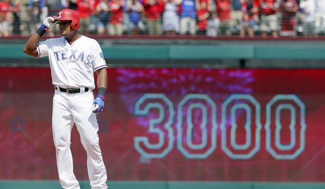 FILE- In this July 30, 2017, file photo, Texas Rangers&#x27; Adrian Beltre tips his helmet as he acknowledges cheers after hitting a double for his 3,000th career hit, that came off a pitch from Baltimore Orioles&#x27; Wade Miley in the fourth inning of a baseball game, in Arlington, Texas. Beltre has decided to retire after 21 seasons and 3,166 hits in the majors leagues. Beltre announced his decision in a statement released by the Rangers on Tuesday morning, Nov. 20, 2018.  (AP Photo/Tony Gutierrez, File)  **FILE**