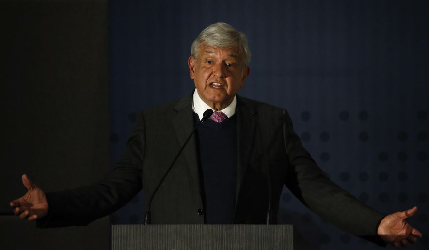 Mexico's President-elect Andres Manuel Lopez Obrador speaks about the upcoming changes his administration will impose on national security during the national peace and security plan conference in Mexico City, Wednesday Nov. 14, 2018. Lopez Obrador says he will continue to rely heavily on the military for the country's internal security and appeared to dismiss aspirations of someday having effective civilian police forces. (AP Photo/Anthony Vazquez)