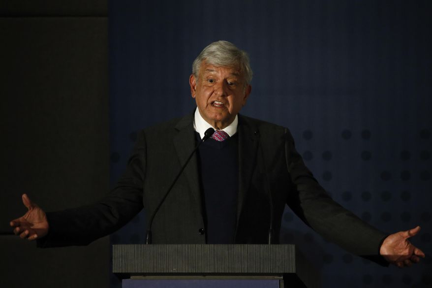 Mexico's President-elect Andres Manuel Lopez Obrador speaks about the upcoming changes his administration will impose on national security during the national peace and security plan conference in Mexico City, Wednesday Nov. 14, 2018. Lopez Obrador says he will continue to rely heavily on the military for the country's internal security and appeared to dismiss aspirations of someday having effective civilian police forces. (AP Photo/Anthony Vazquez)