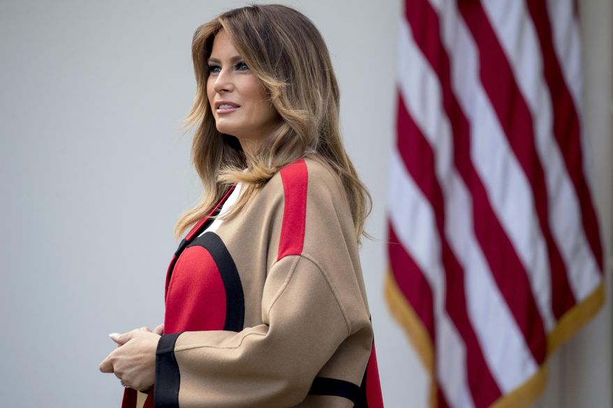 First lady Melania Trump attends a ceremony to pardon the National Thanksgiving Turkey in the Rose Garden of the White House in Washington, Tuesday, Nov. 20, 2018. (AP Photo/Andrew Harnik)