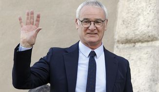 FILE - In this Thursday, March 30, 2017 file photo, soccer coach Claudio Ranieri waves from a balcony of Rome&#39;s Capitol Hill,  after receiving an honorary award for his work at Leicester City. The arrival of Claudio Ranieri as Fulham’s new coach should ensure an end to the chaotic selections, loose defending and naive approach that marked the team’s turbulent first three months back in the Premier League.  (AP Photo/Andrew Medichini, File)