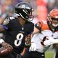 FILE- In this Nov. 18, 2018, file photo Baltimore Ravens quarterback Lamar Jackson (8) looks for a receiver in the first half of an NFL football game against the Cincinnati Bengals in Baltimore. Understanding that 27 carries a game is way too dangerous for an NFL quarterback, Jackson may do things differently in his second NFL start Sunday, Nov. 25. (AP Photo/Nick Wass, File)