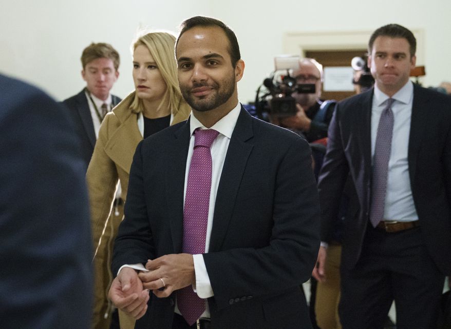 In this Oct. 25, 2018, photo, George Papadopoulos, the former Trump campaign adviser who triggered the Russia investigation, arrives for his first appearance before congressional investigators, on Capitol Hill in Washington. A judge has rejected an effort by former Trump campaign foreign policy adviser Papadopoulos to delay his two-week prison term and says Papadopoulos must surrender Monday, Nov. 26, as scheduled. (AP Photo/Carolyn Kaster) **FILE**