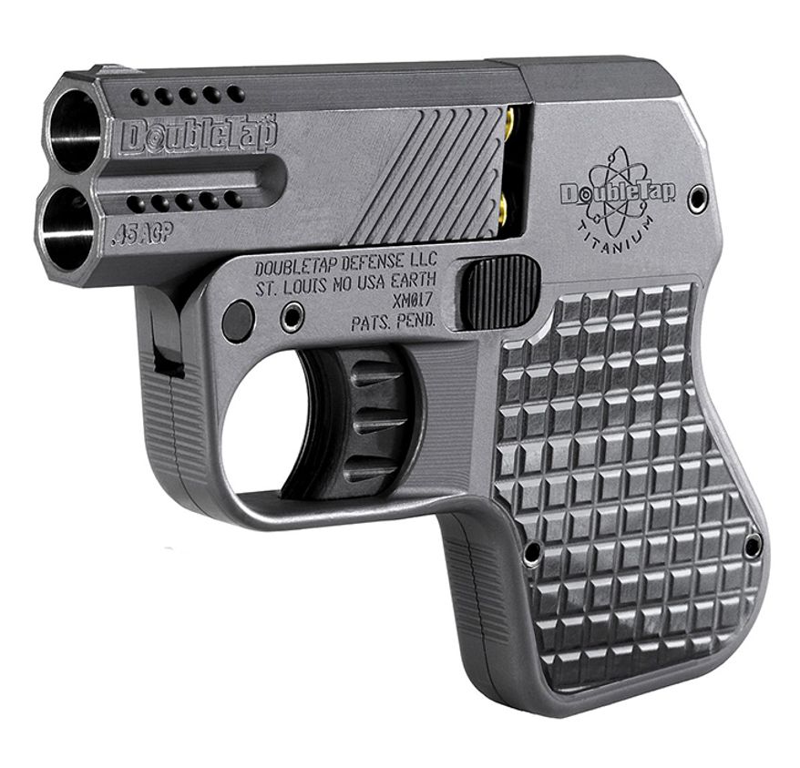 DoubleTap Firearms has developed the world's smallest and lightest .45 ACP concealed carry pistol on the market today. 2 Spare rounds in the grip on a speed loader for a tactical reload. Aluminium Frame with a MIL-STD finish that resists corrosion, 17-4 PH stainless steel barrels with M16 style push-pin to quick change barrels. Optional Ported barrels reduces muzzle flip and recoil. Small, slim, no-snag hammerless design for easy pocket carry. Ambidextrous thumb latch to eject spent rounds. $200