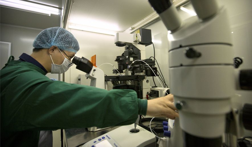 In this Oct. 9, 2018, file photo, Qin Jinzhou adjusts a sperm injection microscope at a laboratory in Shenzhen in southern China&#x27;s Guangdong province. (AP Photo/Mark Schiefelbein) ** FILE **