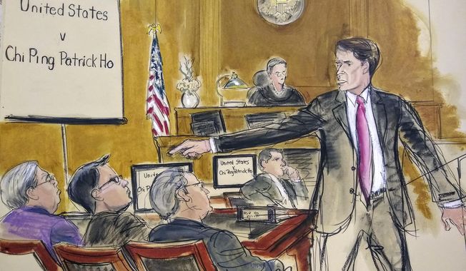 In this courtroom sketch, Assistant U.S. Attorney Paul Hayden points at defendant, Hong Kong businessman Dr. Chi Ping Patrick Ho, seated far left, during opening statements, Monday, Nov. 26, 2018, in New York, as Judge Loretta Preska presides at Manhattan Federal Court. Federal prosecutors told the jury that greed motivated Ho to line the pockets of high-ranking officials in two African nations...bribes intended to land lucrative business deals, including oil rights, for a Chinese energy conglomerate. (Elizabeth Williams via AP)