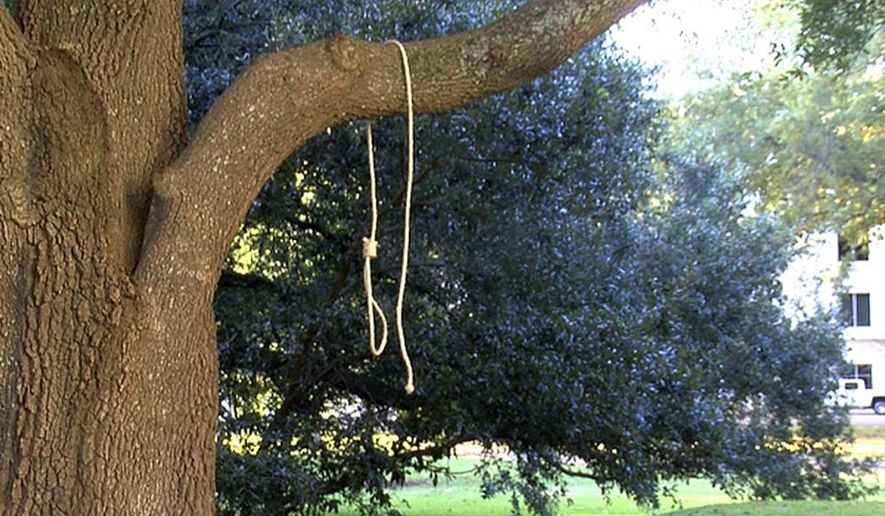 In this photo provided by WLBT-TV a noose hangs on a tree on the state capitol grounds in Jackson, Miss. on Monday, Nov. 26, 2018. A Mississippi official says two nooses and six signs were found on the grounds of the Mississippi state Capitol. Chuck McIntosh, a spokesman for the Mississippi Department of Finance and Administration, which oversees the Capitol, says the nooses and signs were found Monday morning between 7:30 a.m. and 8 a.m. (WLBT-TV via AP)