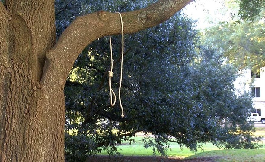 In this photo provided by WLBT-TV a noose hangs on a tree on the state capitol grounds in Jackson, Miss. on Monday, Nov. 26, 2018. A Mississippi official says two nooses and six signs were found on the grounds of the Mississippi state Capitol. Chuck McIntosh, a spokesman for the Mississippi Department of Finance and Administration, which oversees the Capitol, says the nooses and signs were found Monday morning between 7:30 a.m. and 8 a.m. (WLBT-TV via AP)