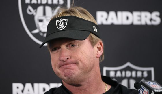 FILE - In this Sunday, Nov. 25, 2018, file photo, Oakland Raiders head coach Jon Gruden speaks at a news conference after an NFL football game against the Baltimore Ravens in Baltimore. The Raiders were unable to build off their second win of the season and are now assured of a losing record in Gruden&#x27;s first season back as coach. (AP Photo/Nick Wass, File)