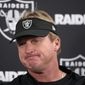 FILE - In this Sunday, Nov. 25, 2018, file photo, Oakland Raiders head coach Jon Gruden speaks at a news conference after an NFL football game against the Baltimore Ravens in Baltimore. The Raiders were unable to build off their second win of the season and are now assured of a losing record in Gruden&#39;s first season back as coach. (AP Photo/Nick Wass, File)