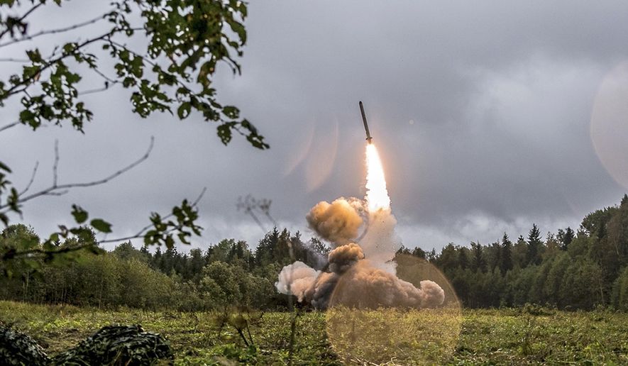 This undated file photo provided Tuesday, Sept. 19, 2017, by Russian Defense Ministry official website shows a Russian Iskander-K missile launched during a military exercise at a training ground at the Luzhsky Range, near St. Petersburg, Russia. (Russian Defense Ministry Press Service via AP/File)