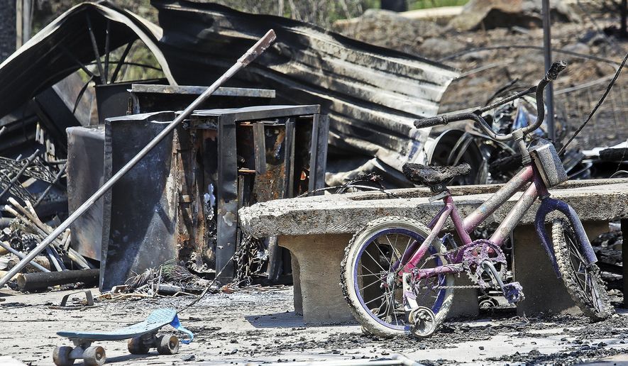 FILE - In this July 8, 2018 file photo a home sits in ruins on Lava Drive in El Jebel, Colo., after being destroyed by a wildfire. The Colorado State Forest Service said Monday, Nov. 26, 2018, that 2.9 million residents now live in areas at risk of wildfire in the state, up 45 percent over five years. The agency says three factors are behind the increase: More people moving into fire-prone areas, better data and changes in land use and vegetation patterns. (Austin Colbert/The Aspen Times via AP, File)