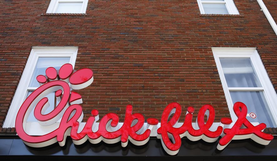 A Chick-fil-A sign at a downtown, Athens, Georgia, location is shown in this Oct. 30, 2018 file photo. (Joshua L. Jones/Athens Banner-Herald via AP) ** FILE **