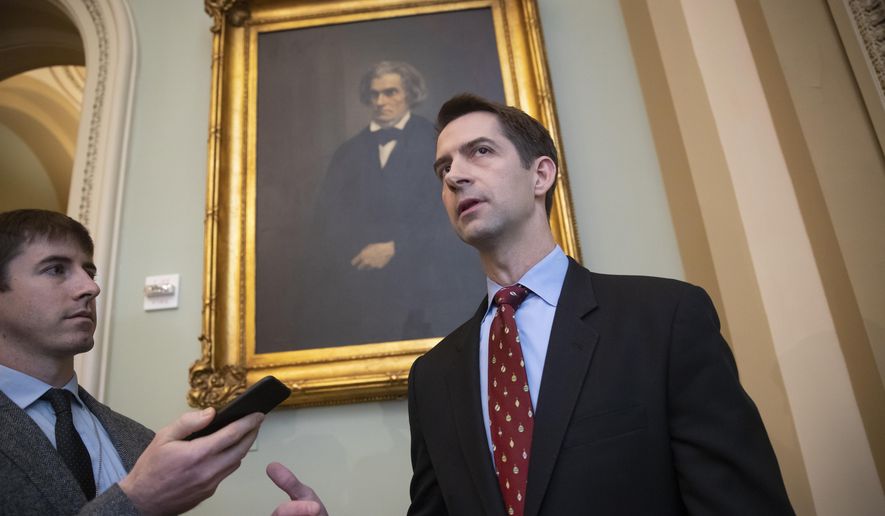 In this file photo, Sen. Tom Cotton, R-Ark., speaks to reporters as he arrives for a meeting with fellow Republicans, including Vice President Mike Pence and President Donald Trump&#x27;s son-in-law, Jared Kushner, who are at the Capitol to discuss the nation&#x27;s criminal justice sentencing laws, in Washington, Tuesday, Nov. 27, 2018. (AP Photo/J. Scott Applewhite) ** FILE **