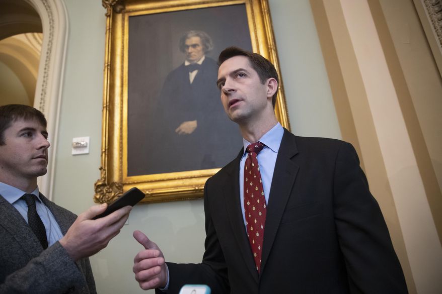 In this file photo, Sen. Tom Cotton, R-Ark., speaks to reporters as he arrives for a meeting with fellow Republicans, including Vice President Mike Pence and President Donald Trump&#39;s son-in-law, Jared Kushner, who are at the Capitol to discuss the nation&#39;s criminal justice sentencing laws, in Washington, Tuesday, Nov. 27, 2018. (AP Photo/J. Scott Applewhite) ** FILE **