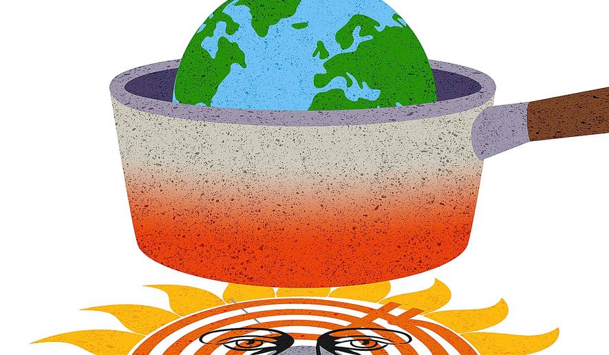 Illustration on climate-change predictions by Greg Groesch/The Washington Times