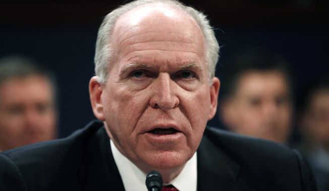 Former CIA Director John Brennan testifies on Capitol Hill in Washington, before the House Intelligence Committee Russia Investigation Task Force, in this May 23, 2017, file photo. Brennan, the former CIA director and longtime intelligence official, is working on a memoir. Celadon Books, a division of Macmillan Publishers, confirmed to The Associated Press on Wednesday, Nov. 28, 2018, that it had a deal with Brennan. (AP Photo/Pablo Martinez Monsivais) ** FILE **