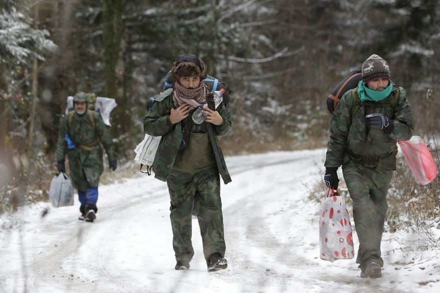 A group of migrants moves through a forest on the Pljesevica Mountain in a attempt to illegally cross the border into Croatia, in Bihac, Bosnia, on Wednesday, Nov. 28, 2018. Braving cold weather and snow, dozens of migrants headed from Bosnia up a steep mountain pass hoping to reach neighbouring European Union member Croatia.(AP Photo/Amel Emric)