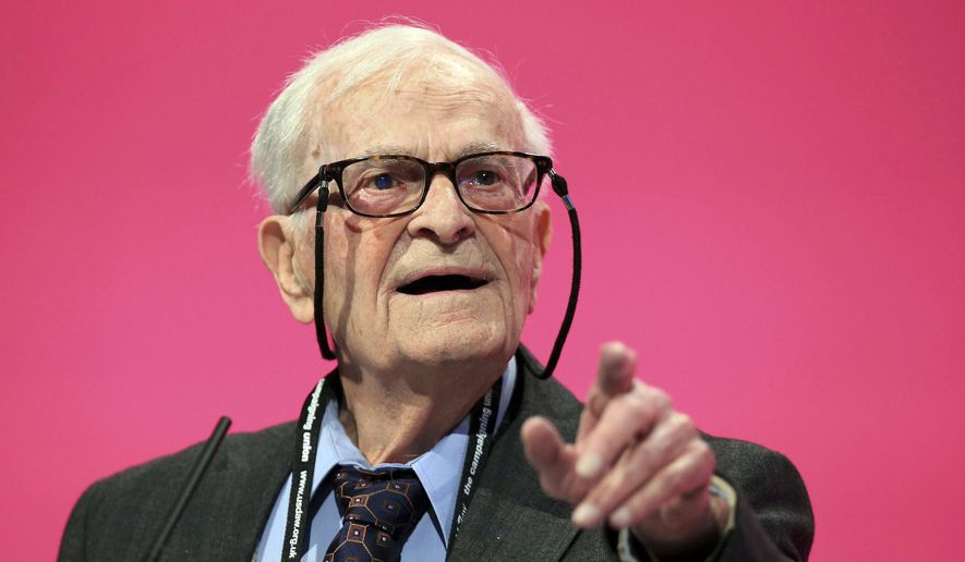 This Sept. 24, 2014 photo shows World War II veteran and political activist Harry Leslie Smith speaking during the Labour Party annual conference, in Manchester. His son John said on Twitter that Smith died Wednesday, Nov. 28, 2018 in Canada at 95 after being hospitalized following a recent fall. (Peter Byrne/PA via AP)