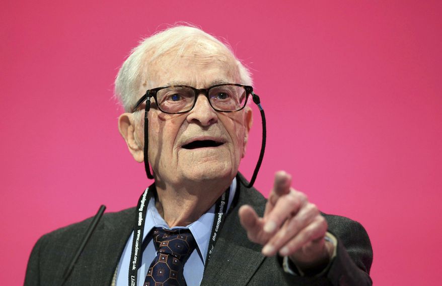 This Sept. 24, 2014 photo shows World War II veteran and political activist Harry Leslie Smith speaking during the Labour Party annual conference, in Manchester. His son John said on Twitter that Smith died Wednesday, Nov. 28, 2018 in Canada at 95 after being hospitalized following a recent fall. (Peter Byrne/PA via AP)
