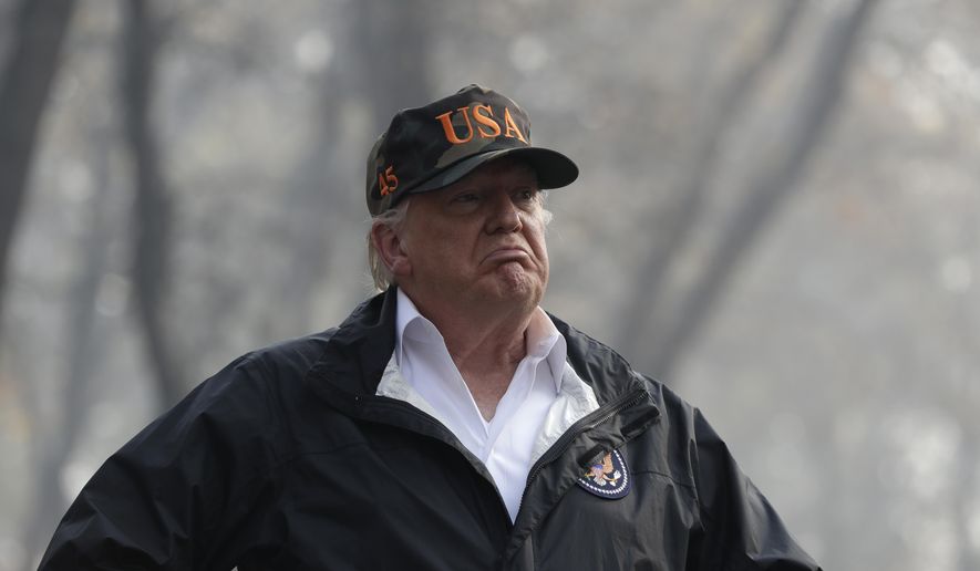 In this Nov. 17, 2018, file photo, President Donald Trump visits a neighborhood impacted by the wildfires in Paradise, Calif. (AP Photo/Evan Vucci, file)