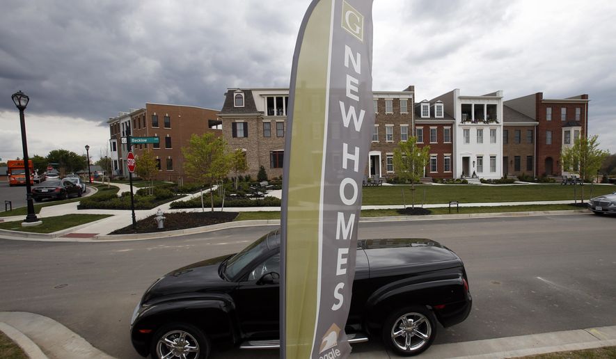 FILE- In this April 23, 2018, file photo advertising signs point out completed new homes, homes under construction as well as lots for new homes in Glen Allen, Va. On Wednesday, Nov. 28, the Commerce Department reports on sales of new homes in October. (AP Photo/Steve Helber, File)