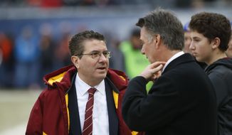 Washington Redskins owner Daniel Snyder, left, talks on the sidelines before an NFL football game against the Chicago Bears, Saturday, Dec. 24, 2016, in Chicago. (AP Photo/Charles Rex Arbogast) **FILE**


