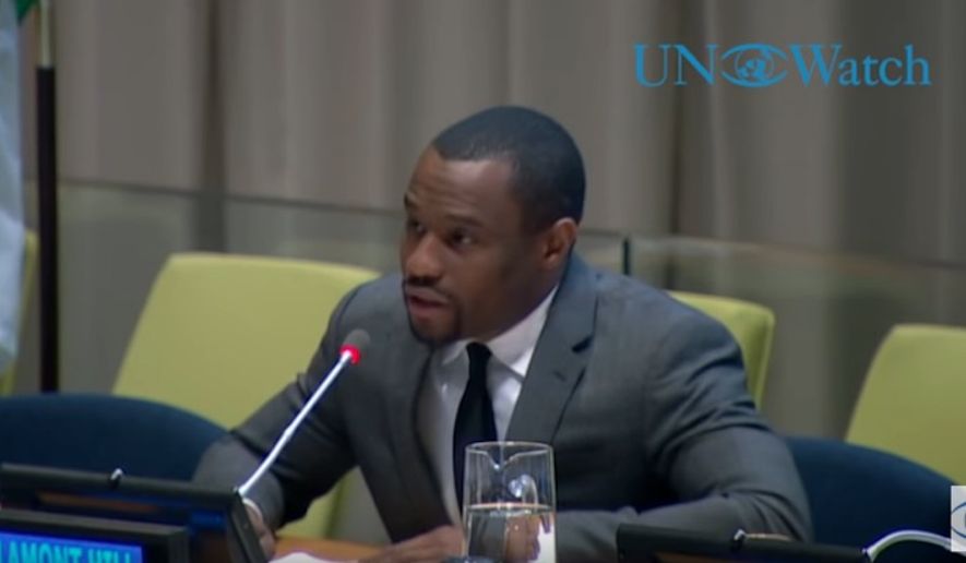 Marc Lamont Hill, a Temple University professor who appears regularly on CNN, speaks to a United Nations panel on Wednesday, Nov. 28, 2018. (Image: Screen grab of UNWatch's YouTube video at https://www.youtube.com/watch?v=BvzSv28z97o) ** FILE **