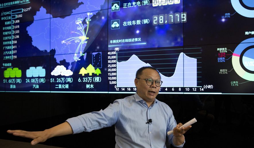 In this Friday, June 22, 2018, photo, Ding Xiaohua, deputy director of the Shanghai Electric Vehicle Public Data Collecting, Monitoring and Research Center speaks near a data display screen in Shanghai. According to specifications published in 2016, every electric vehicle in China transmits data from the car's sensors back to the manufacturer. From there, automakers send 61 data points, including location and details about battery and engine function to local centers like the one Ding oversees in Shanghai. (AP Photo/Ng Han Guan)