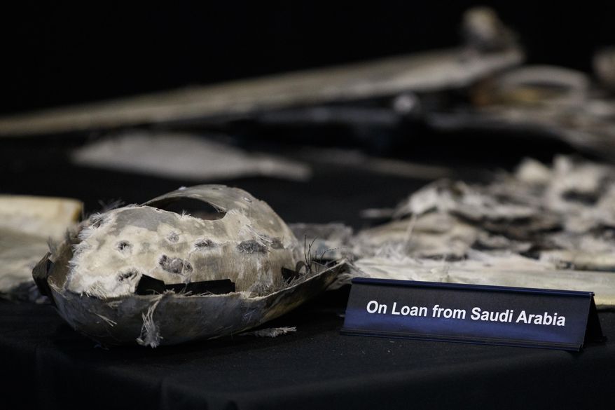 Debris from a UAV (Qasef) is displayed with a sign that reads &amp;quot;On Loan From Saudi Arabia&amp;quot; at the Iranian Materiel Display (IMD) at Joint Base Anacostia-Bolling, in Washington, Thursday Nov. 29, 2018. The Trump administration accused Iran of stepping up violations of a U.N. ban on arms exports by sending rockets and other weaponry to rebels in Afghanistan and Yemen. The presentation displays weapons and fragments of weapons seized in Afghanistan, Bahrain and Yemen that it said are evidence Iran is a &amp;quot;grave and escalating threat&amp;quot; that must be stopped.  (AP Photo/Carolyn Kaster)
