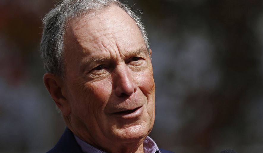 FILE - In this Nov. 29, 2018 file photo, former mayor of New York City, Michael Bloomberg, speaks to the media in Jackson, Miss. Bloomberg’s philanthropy has announced a $50 million donation to help fight the nation’s opioid epidemic. Bloomberg Philanthropies says over the next three years it’ll help up to 10 states address the causes of opioid addiction and strengthen prevention and treatment programs. (AP Photo/Rogelio V. Solis)