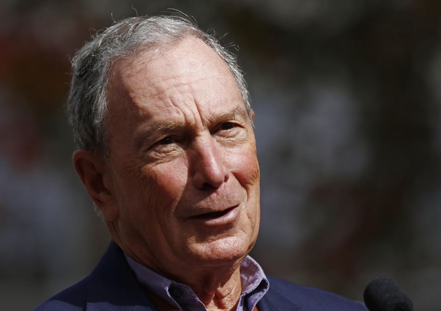 FILE - In this Nov. 29, 2018 file photo, former mayor of New York City, Michael Bloomberg, speaks to the media in Jackson, Miss. Bloomberg’s philanthropy has announced a $50 million donation to help fight the nation’s opioid epidemic. Bloomberg Philanthropies says over the next three years it’ll help up to 10 states address the causes of opioid addiction and strengthen prevention and treatment programs. (AP Photo/Rogelio V. Solis)