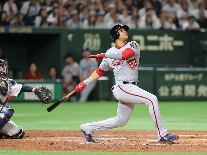 Washington Nationals outfielder Juan Soto capped off his stellar rookie season by touring Japan with a group of major leaguers in November. (ASSOCIATED PRESS)
