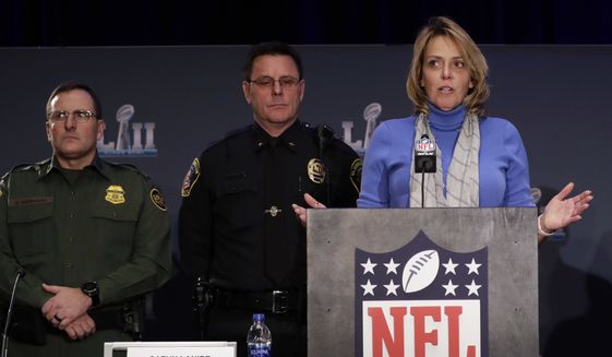 The NFL&#39;s Cathy Lanier speaks during a security news conference with law enforcement in advance of the Super Bowl 52 football game, Wednesday, Jan. 31, 2018, in Minneapolis. The Philadelphia Eagles play the New England Patriots on Sunday, Feb. 4, 2018. (AP Photo/Matt Slocum) **FILE**