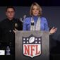 The NFL&#39;s Cathy Lanier speaks during a security news conference with law enforcement in advance of the Super Bowl 52 football game, Wednesday, Jan. 31, 2018, in Minneapolis. The Philadelphia Eagles play the New England Patriots on Sunday, Feb. 4, 2018. (AP Photo/Matt Slocum) **FILE**