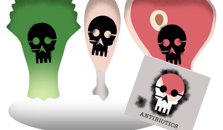 Illustration on scare tactics against farm-produced foods by Alexander Hunter/The Washington Times