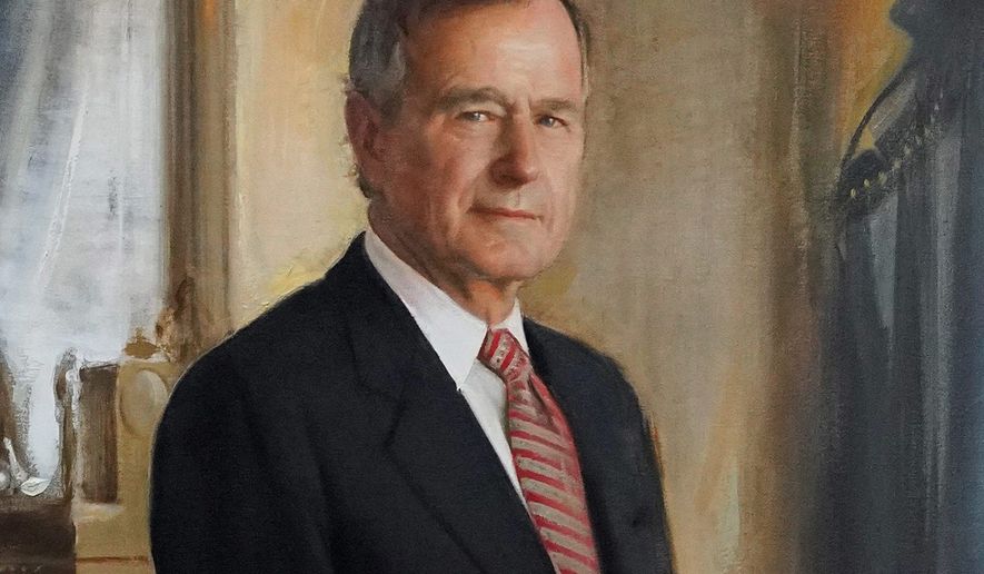 A detail from a portrait of George H.W. Bush displayed inside the George H.W. Bush Library and Museum. (Associated Press)