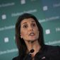 U.S. Ambassador Nikki Haley speaks during the Hudson Institute&#39;s 2018 Award Gala Monday, Dec. 3, 2018, in New York. Haley received the Global Leadership Award for her contributions as a champion of human rights and strong American leadership abroad. (AP Photo/Kevin Hagen)