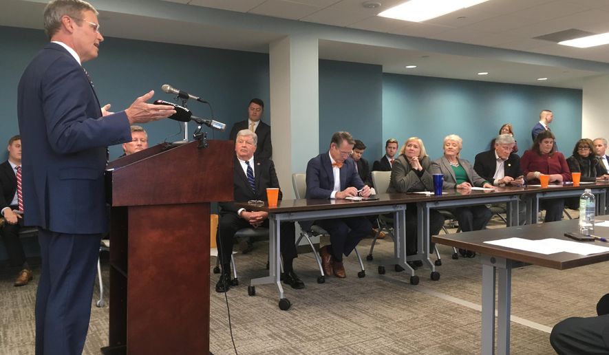 Gov.-elect Bill Lee addresses the Tennessee Senate Republican caucus on Monday, Dec. 3, 2018, at the Cordell Hull legislative building in Nashville during their meeting to nominate leaders before the upcoming legislative session that begins in January. (AP Photo/Jonathan Mattise)