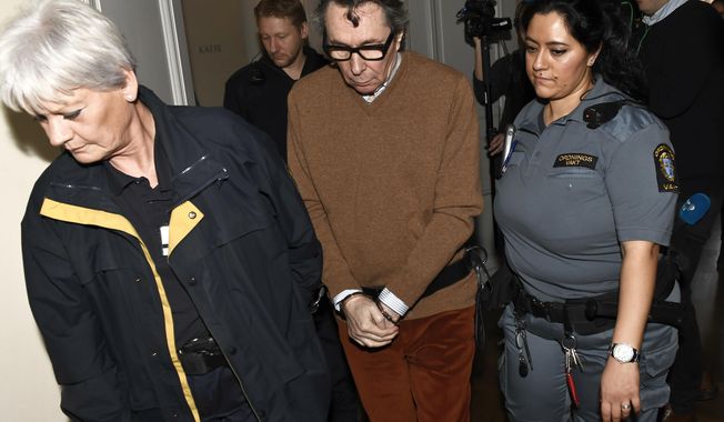 FILE - In this Monday, Nov. 12, 2018 file photo, Jean-Claude Arnault, center, is escorted from court after the first day of his appeal trial, in Stockholm. The man with ties to the Swedish Academy that awards the literature Nobel Prize has lost his appeal to have his rape conviction and a two-year prison sentence reversed and been convicted of a second rape. The Svea Court of Appeal on Monday Dec. 3, 2018, gave Jean-Claude Arnault 2.5 years in jail for raping the same woman twice seven years ago. (Jonas Ekstromer/TT News Agency via AP, File)