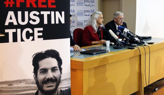 Marc and Debra Tice, the parents of Austin Tice, who is missing in Syria for nearly six years, speak during a press conference, at the Press Club, in Beirut, Lebanon, Tuesday, Dec. 4, 2018. They say they are hopeful the Trump administration will work on releasing their son the way they did with Americans who had been held for long time in North Korea. (AP Photo/Bilal Hussein)