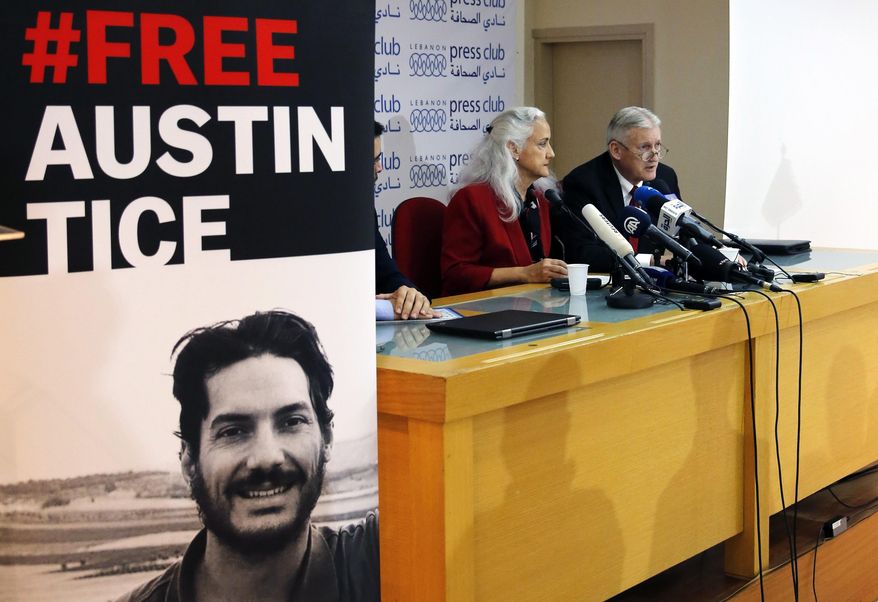 Marc and Debra Tice, the parents of Austin Tice, who is missing in Syria for nearly six years, speak during a press conference, at the Press Club, in Beirut, Lebanon, Tuesday, Dec. 4, 2018. They say they are hopeful the Trump administration will work on releasing their son the way they did with Americans who had been held for long time in North Korea. (AP Photo/Bilal Hussein)