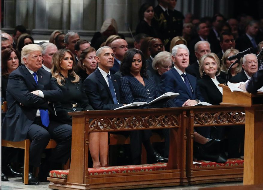 Journalists had many observations to make about four U.S. presidents and their spouses sitting in the same pew at the funeral of George H.W. Bush. The news coverage of the event quickly drifted into drama. (Associated Press)