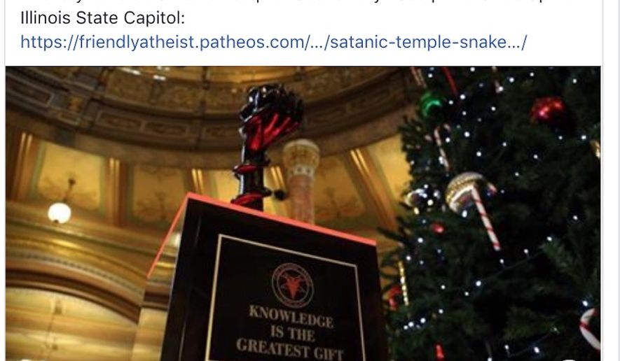 A &quot;Snaketivity&quot; display has been installed in the Illinois State Capitol for the 2018 holiday season. (Image: Facebook, The Satanic Temple)