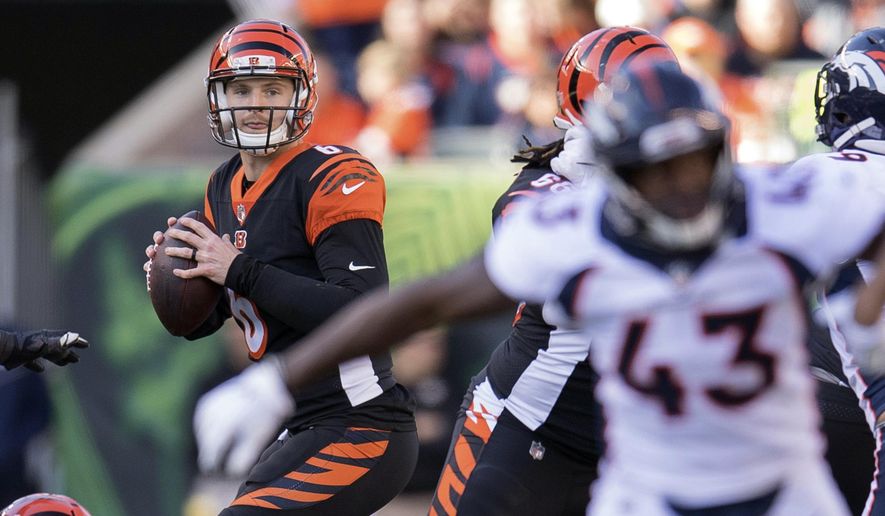 FILE - In this Sunday, Dec. 2, 2018, file photo, Cincinnati Bengals quarterback Jeff Driskel (6) looks to pass during the first half of the NFL football game against the Denver Broncos in Cincinnati. Driskel's NFL starting debut was a disappointment. He had two turnovers as Denver pulled away to a 24-10 win over the Bengals. The backup quarterback gets a second chance this week at the Chargers. (AP Photo/Bryan Woolston, FIle)
