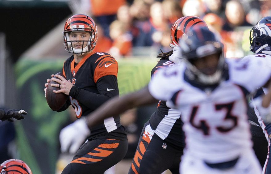 FILE - In this Sunday, Dec. 2, 2018, file photo, Cincinnati Bengals quarterback Jeff Driskel (6) looks to pass during the first half of the NFL football game against the Denver Broncos in Cincinnati. Driskel's NFL starting debut was a disappointment. He had two turnovers as Denver pulled away to a 24-10 win over the Bengals. The backup quarterback gets a second chance this week at the Chargers. (AP Photo/Bryan Woolston, FIle)