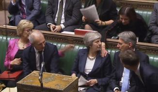 Britain&#39;s Prime Minister Theresa May Prime Minister Theresa May is congratulated by Conservative Party ministers in the House of Commons after speaking at the start of a five-day debate on the Brexit European Union Withdrawal Agreement, Tuesday Dec. 4, 2018. The British government received a historic rebuke from lawmakers on Tuesday over its Brexit plans, an inauspicious sign for Prime Minister Theresa May as she opened an epic debate in Parliament that will decide the fate of her Brexit divorce deal with the European Union. (Parliament TV/PA via AP)